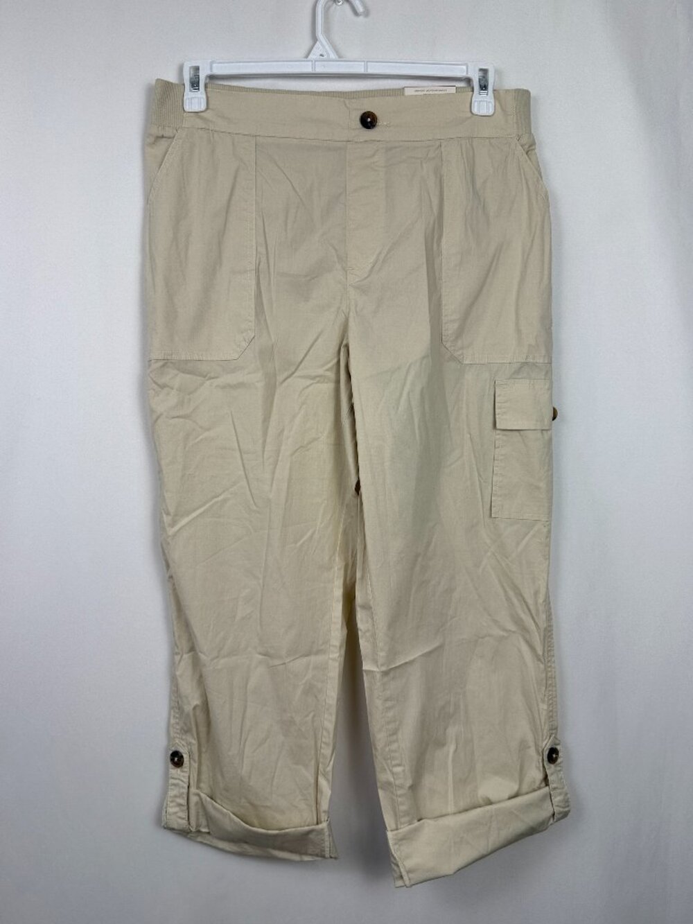 Iyla Womens Beige Summer Sand Straight Leg Roll Tab Crop Cargo Pants L XL